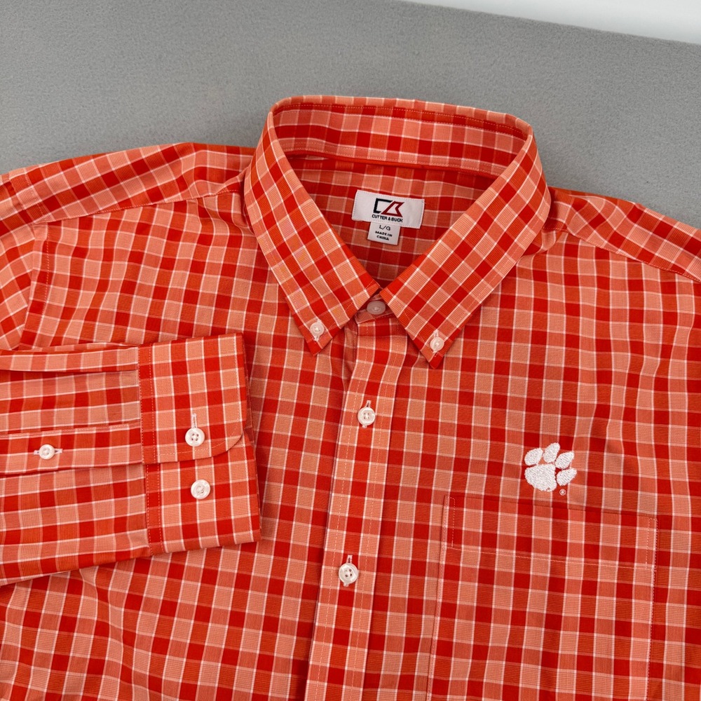 Cutter & Buck Clemson Tigers Mens L Long Sleeve Button Down Orange Check Gingham